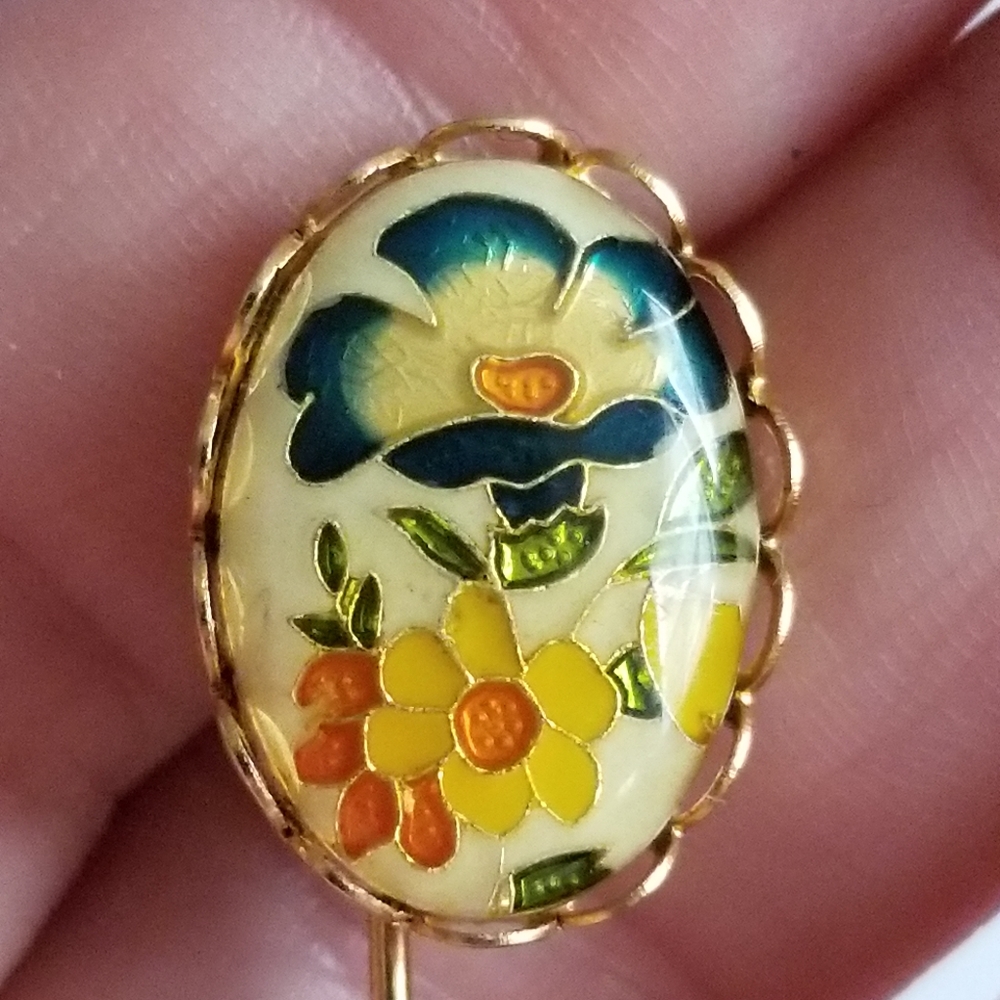 Vintage floral stickpin stick pin cloisonne enamel cabochon gold tone lapel - Picture 6 of 10